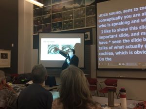 Presenter Gary Dorf, AudD, pointing out nerve cells in a normal cochlea.