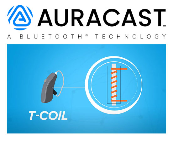 Auracast logo and diagram of a telecoil from a hearing aid