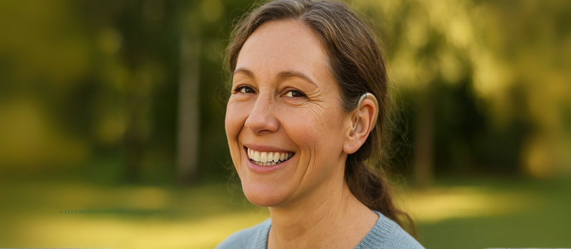 A middle age woman smiling outdoors wearing a hearing aid.